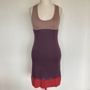 Three color rayon dress, lace insert, marked M but fits S